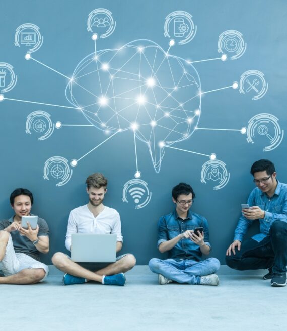 Group Of Asian and Multiethnic Business people using each techno