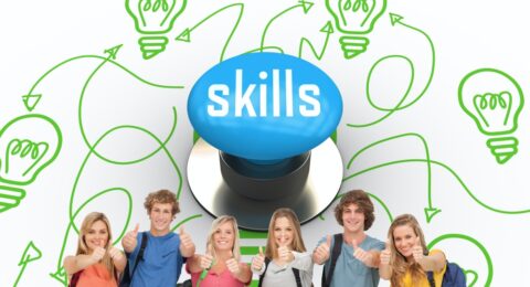 The word skills and smiling group giving a thumbs up as they wear backpacks against blue push button